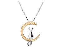 URBAN SHe° ' The Cat is Over the Moon' Sterling Silver Cat Kitten Crescent Moon Cat Necklace Pendant 925 Silver 3D Cat Lover Daily Jewellery Gift Idea (Gold Moon)