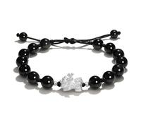 URBAN SPARKS Natural Obsidian & Rose Quartz S999 Silver Chinese Fortune-Attracting Mythical Beast Pixiu Couple Beaded Bracelet for Women - Valentine's Day Gift, Mittelgroße, Leather, NO
