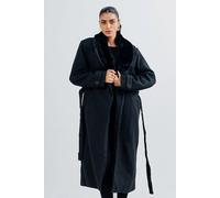 Urban Studio Women's Classic Wool Blend Faux Fur Collar Belted Over coat in Black | Size: Large Urban Studio Black L