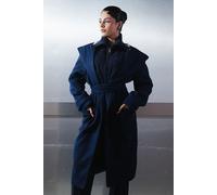 Urban Studio Women's Hooded Wool Blend Relaxed Fit Belted Over coat in Navy | Size: XL Urban Studio Navy XL