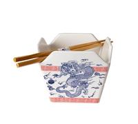 Urban Tokyo Chinese Takeout Box Porcelain Bowl with Chopsticks 18 fl oz Square Shape Rice Noodles Pasta to-Go Box-Shaped Bowl Microwave & Dishwasher Safe (Oriental Dragon)