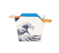 Urban Tokyo Chinese Takeout Box Style Porcelain Bowl With Chopsticks 18 fl oz Square Box Shape Rice Noodles Pasta To Go Box Shaped Bowl Microwave Dishwasher Safe (Great Wave)