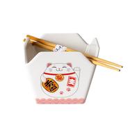 Urban Tokyo Chinese Takeout Box Style Porcelain Bowl with Chopsticks Lucky Cat Maneki Neko Design 18 fl oz Square Shape, Medium, White/Red, BCH54-100