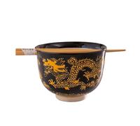 Urban Tokyo Handpainted Ceramic Glazed Japanese Ramen Udon Noodle Rice Bowl With Chopsticks 20 fl oz 5 inch Diameter Bowl Sets Color Box Packaging (Oriental Dragon Black)