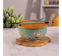 Urban Tokyo Japanese Kamameshi Style Ceramic Glazed Japanese Ramen Udon Pho Noodle Bowl With Spoon, Bamboo Lid, Chopsticks and Trivet 5 Piece Set (Japanese Crane), BCH625