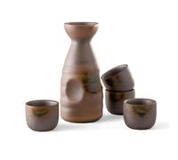 Urban Tokyo Japanese Sake 5 Piece Set Include 1 Sake Bottle and 4 Cups for Hot or Cold Sake Home or Restaurant Use Reactive Glazed Ceramic (Brown and Green)