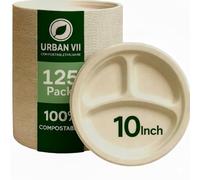 URBAN VII 10-Inch Compostable Paper Plates [125-Pack] - Heavy-Duty Disposable Plates Made from Bagasse (Sugarcane Fiber), Eco-Friendly Biodegradable Dinnerware, Microwave-Safe & Leak-Proof