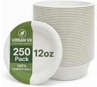 URBAN VII 12 oz White Compostable Paper Bowls [250-Pack] - Heavy-Duty & Leak-Resistant Disposable Bowls, Natural Sugarcane Bagasse Fiber, Microwave-Safe, Eco-Friendly for Parties, Catering & Everyday