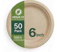 URBAN VII 6-Inch Beige Compostable Paper Plates [50-Pack] - Heavy-Duty Disposable Bagasse (Sugarcane Fiber) Plates, Eco-Friendly Biodegradable Dinnerware, Microwave-Safe & Leak-Proof