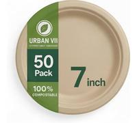 URBAN VII 7-Inch Beige Compostable Paper Plates [50-Pack] - Heavy-Duty Disposable Bagasse (Sugarcane Fiber) Plates, Eco-Friendly Biodegradable Dinnerware, Microwave-Safe & Leak-Proof