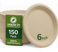 URBAN VII Beige 6-Inch Compostable Paper Plates [150-Pack] - Heavy-Duty Disposable Bagasse (Sugarcane Fiber) Plates, Eco-Friendly Biodegradable Dinnerware, Microwave-Safe & Leak-Proof