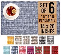 Urban Villa 6 Blue/White Rectangular Cotton Placemats 14''x20'' Set of 6 for Dining Table, Wedding, Easter