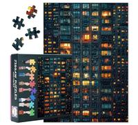 Urban Windows Night Puzzles for Adults 1000 Piece Challenging Jigsaws City Architecture Pattern Modern Apartment Building Lights Unique Abstract Geometry Social Activity 27.5"X19.7"