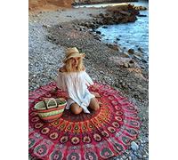 UrbanCharm- Indian Red Peacock Mandala Round Roundie Beach Throw Tapestry Hippy Boho Gypsy Cotton Tablecloth Beach Towel