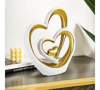 UrbanHomes Double Heart Ornament, Double Heart Ceramic Statue, Home Decoration sculpture, Table Modern Gift Sculpture for Living Room Dining Room Office (White Gold)