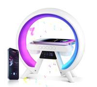 UrbanHomes LED Table Lamp Wireless Speaker Charger Light, 15W LED Bedside Lamp, Alarm Clock, Mood Light, 1/2 G Shape Bluetooth Speaker, Dimmable Night Lights for Bedroom Teenage Gifts (White)