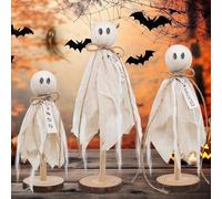 UrbanHui 3pcs Halloween Decorations-Rustic Wooden Ghost-Figures with Vintage Labels, 11/9/7 Inch Spooky Home Decor for Farmhouse Style Holiday Display