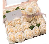 UrbanHui Artificial Foam Rose Flowers With Stems 25 Pcs Handmade Large 8cm Bloom Realistic PVC Petals Lightweight Mixed Colours Wedding Decor Photo Props Home Arrangements(cream yellow)