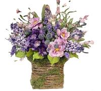 UrbanHui Artificial Lavender Basket Wreath 40cm Front Door Hanging Decoration Natural Rattan Spring Summer Home Decor