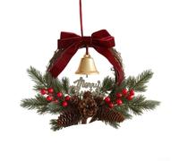 UrbanHui Christmas Rattan Wreath with Bells and Red Bow, 35cm Festive Door Hanging, Window Decoration with Pine Needles and Berries(C)