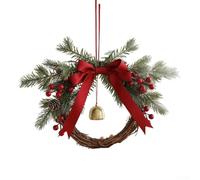 UrbanHui Christmas Rattan Wreath with Bells and Red Bow, 35cm Festive Door Hanging, Window Decoration with Pine Needles and Berries(A)