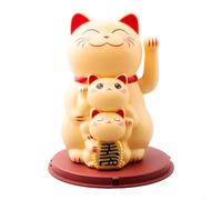 UrbanHui Solar Powered Lucky Cat Ornament Automatic Waving Feng-Shui Decor No Batteries Red Base for Home Office Shop Counter Wealth Prosperity 11.4cm(Yellow)