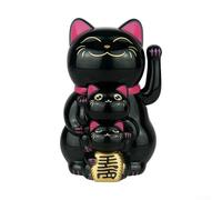 UrbanHui Solar Powered Lucky Cat Ornament Automatic Waving Feng-Shui Decor No Batteries Red Base for Home Office Shop Counter Wealth Prosperity 11.4cm(Black)