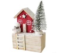 UrbanHui Wooden Christmas Village House Ornament With Ski Chalet Lodge Design For Tabletop And Holiday Seasonal Decor Featuring Natural Wood Craft(B/143g)