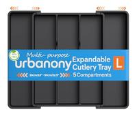 Urbanony Large Utensil Tray Expandable, Black 33-57x38cm Utensil Tray with 5 Compartments, Kitchen Drawer Divider for Spoons, Forks, Knives, Silverware Storage, Black