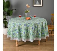 UrbanWeavers Hand Block Printed Tablecloth - Colorful Floral Print | 100% Cotton | Indian Artisan Handmade Art | Dining Room, Kitchen, Outdoor Décor, (Mint Green Blue, 8 Seater 90 Inches Round)