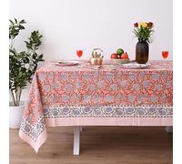 UrbanWeavers Hand Block Printed Tablecloth, Colorful Floral Print, Indian Artisan Handmade Art, Dining Room, Kitchen, Outdoor Décor, (Dark Salmon Pink, 6 Seater 60 x 90 Inches Rectangle)