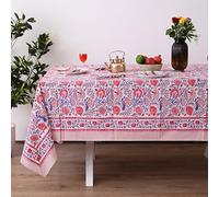 UrbanWeavers Hand Block Printed Tablecloth, Colorful Floral Print, Indian Artisan Handmade Art, Dining Room, Kitchen, Outdoor Décor, (Flamingo Pink, 6 Seater 60 x 90 Inches Rectangle)