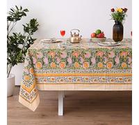 UrbanWeavers Hand Block Printed Tablecloth, Colorful Floral Print, Indian Artisan Handmade Art, Dining Room, Kitchen, Outdoor Décor, Party Decor, (Daisy Sunshine,60 x 90 Inches, 6 Napkins)