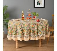 UrbanWeavers Hand Block Printed Tablecloth, Colorful Floral Print, Indian Artisan Handmade Art, Dining Room, Kitchen, Outdoor Décor, Party Decor, (Daisy Sunshine, 4 Seater 60 Inches Round)