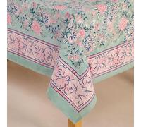 UrbanWeavers Hand Block Printed Tablecloth, Colorful Floral Print, Indian Artisan Handmade Art, Dining Room, Kitchen, Outdoor Décor, (Mint Green, 6 Seater 60 x 90 Inches Rectangle)