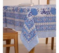 UrbanWeavers Hand Block Printed Tablecloth, Colorful Floral Print, Indian Artisan Handmade Art, Dining Room, Kitchen, Outdoor Décor, (Bluebell Delight, 6 Seater 60 x 90 Inches Rectangle)