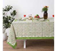 UrbanWeavers Hand Block Printed Tablecloth, Colorful Floral Print, Indian Artisan Handmade Art, Dining Room, Kitchen, Outdoor Décor, (Fresh Green Leaves, 6 Seater 60 x 90 Inches Rectangle)