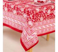 UrbanWeavers Hand Block Printed Tablecloth, Colorful Floral Print, Indian Artisan Handmade Art, Dining Room, Kitchen, Outdoor Décor, (Cherry Red, 6 Seater 60 x 90 Inches Rectangle)