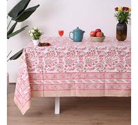 UrbanWeavers Hand Block Printed Tablecloth, Colorful Floral Print, Indian Artisan Handmade Art, Dining Room, Kitchen, Outdoor Décor, (Pink Meadow Bloom, 8 Seater 72 x 108 Inches Rectangle)