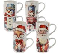 URBN-CHEF 265ml Home Kitchen Office Tea Coffee Santa Ceramic Mugs Gift Pack Cocoa Stackable Cups Christmas Design Tableware Xmas Decorations Set of 8