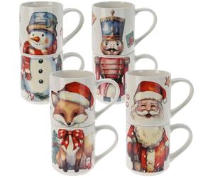 URBN-CHEF 265ml Home Kitchen Office Tea Coffee Santa Ceramic Mugs Gift Pack Cocoa Stackable Cups Christmas Design Tableware Xmas Decorations Set of 8