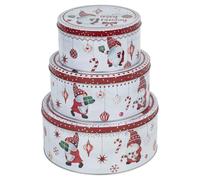URBN-CHEF 3 Piece Christmas Biscuit Tins Round Nesting Santa Gnome Gift | Durable Metal Construction, Secure Lids, Three Sizes, Reusable, Food Safe, Hand Wash Only, BPA Free, Stackable Storage Ready