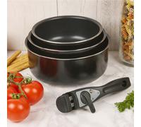 Urbn-Chef 3Pcs Black Ceramic Induction Saucepan Set Stackable Detachable Handle Pots Pan