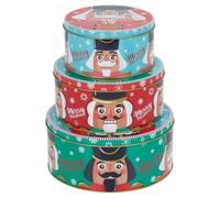 URBN-CHEF 3pcs Christmas Cookie and Cake Xmas Biscuit Storage Nesting Tin Set Square/Round (Round, Nutcracker)