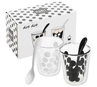 URBN-CHEF 4 PCS Coffee Glasses Tea Mug Drinking Cups Set with Double Wall Structure and Heat Resistance, Includes Spoons (4 PCS Set, Black & White)