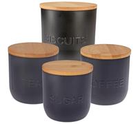 URBN-CHEF 4 Piece Black Airtight Kitchen Storage Jar Set with Bamboo Lids - Stylish Containers for Coffee Tea Sugar & Large Biscuit Jar, Modern Countertop Storage Solution