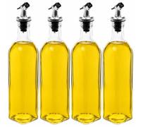 URBN-CHEF 500ml Glass Oil And Vinegar Pourer Bottle Dispenser Set of 4 | Clear Body, Controlled Flow, Flip-Top Lid, Airtight Click Stopper, Square Form, Hand Wash Only, Worktop Ready, D6xW6xH30cm