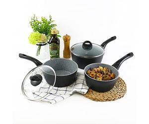 URBN-CHEF FORGECROSS Black & Grey Marble Forged Pressed Aluminium Non Stick Induction Safe Cooking Pots Pans Saucepans Cookware (3 Pcs Saucepan Set)