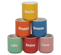 URBN-CHEF Set of 6 Large 180ml Assorted Colour Porcelain Tea & Coffee Mugs - Handless Cups with Positive Text, Dishwasher & Microwave Safe