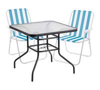 Urbn-Garden Urbngarden 70Cm Height Garden Square Glass Table & 2 Folding White/blue Stripe Chairs Set Metal Outdoor Patio Parasol Hole